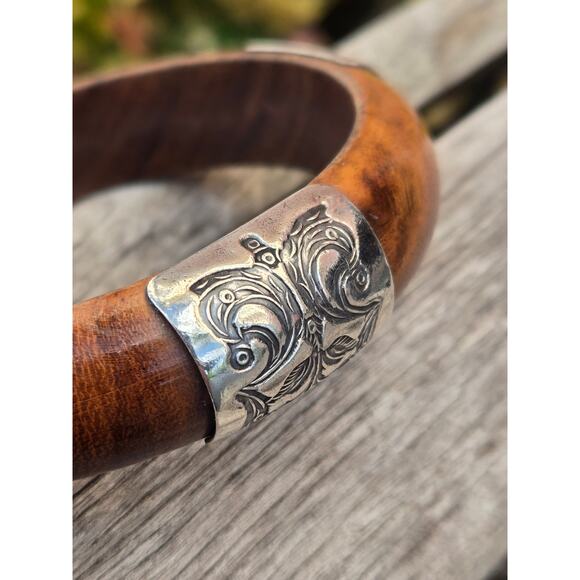Vintage Silpada Etched Sterling Silver and Wood Bangle Bracelet, 2007 B1490 - Picture 3 of 8